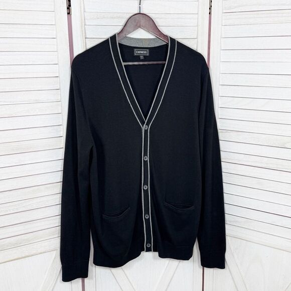 Express Men V Neck Button Up Cardigan Sweater Black Grey Large Preppy Grunge - Picture 7 of 12